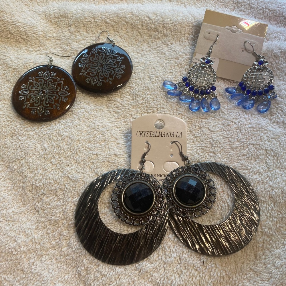 Lot of 3 Statement Earrings Boho Wood Mandala Blue Chandelier Black Hoop Drops